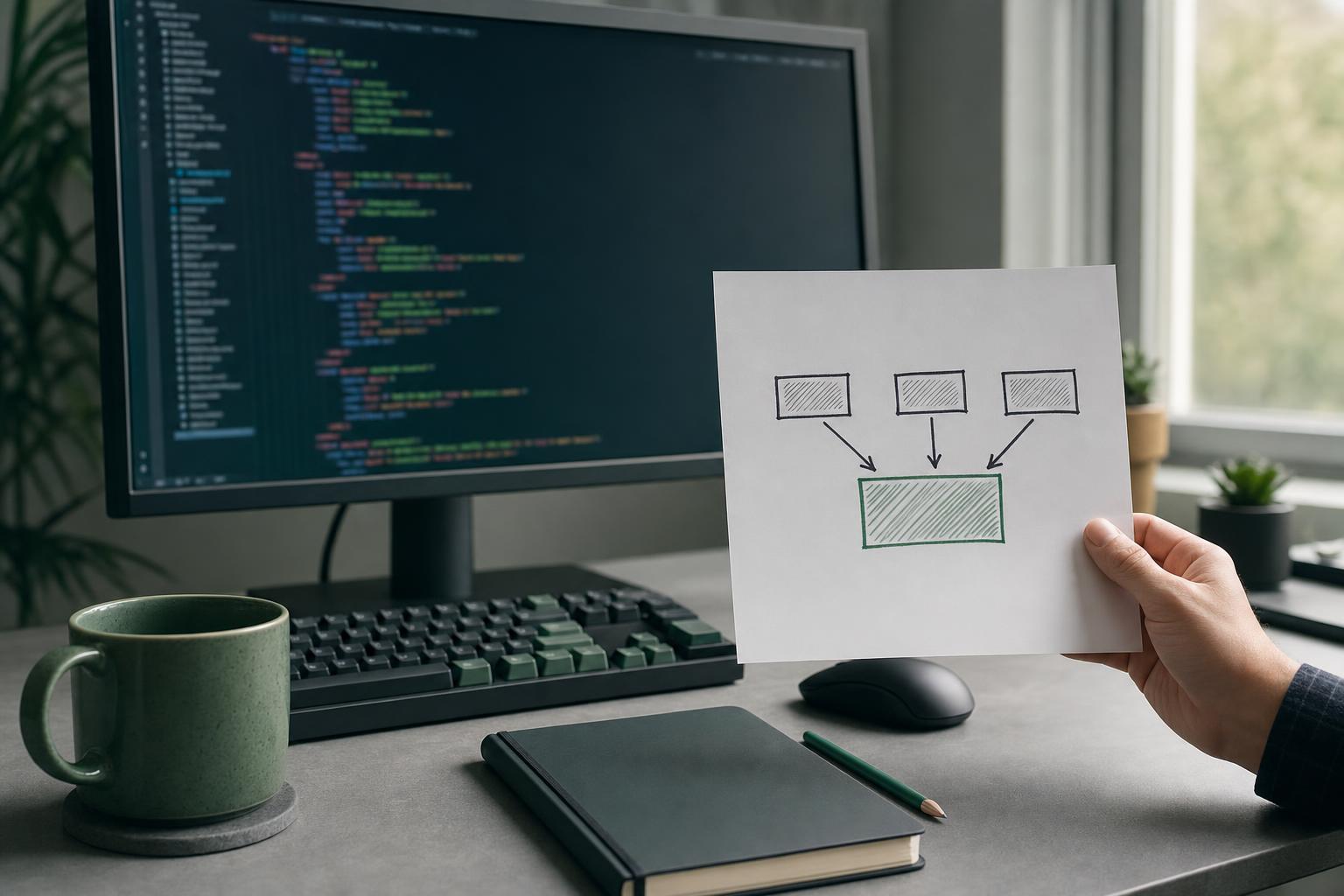 Écran affichant du code HTML à côté d’un schéma dessiné à la main reliant plusieurs adresses à une seule page de référence