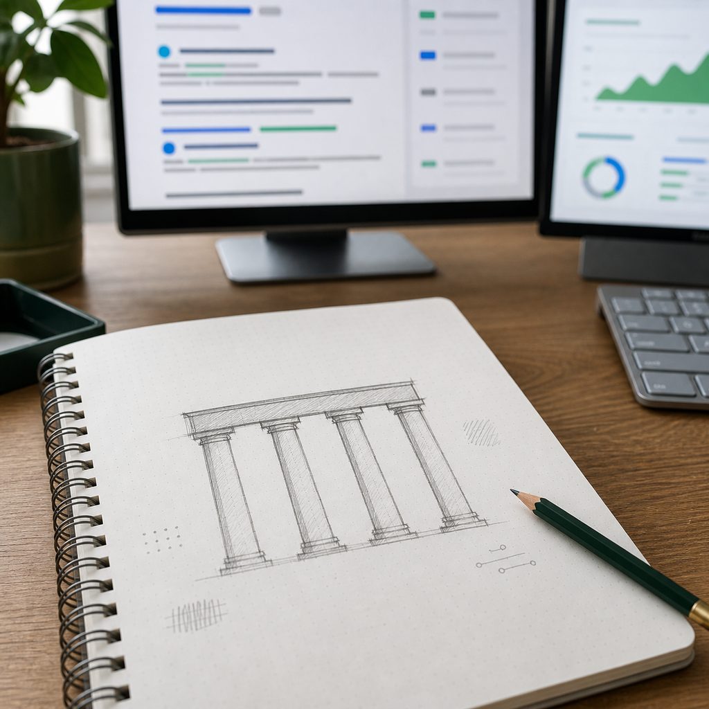 Croquis au crayon de quatre colonnes soutenant une poutre, représentant les quatre piliers de l'EEAT