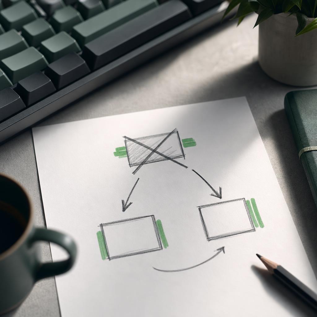 Schéma de décision dessiné à la main : une URL introuvable, une flèche vers une redirection, une autre vers une page laissée supprimée